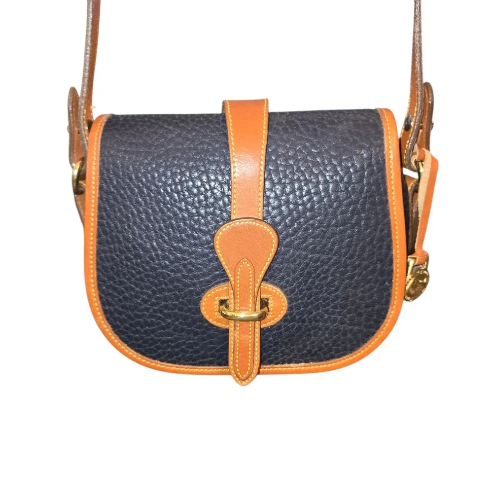 Dooney & Bourke VTG Over Under Marble Bag 7X6X2 Navy & Tan‎ All Weather Leather